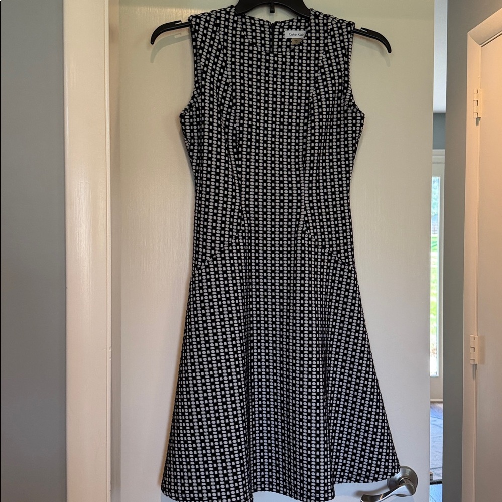 Calvin Klein Black and White Geometric Fit-and-Flare Dress